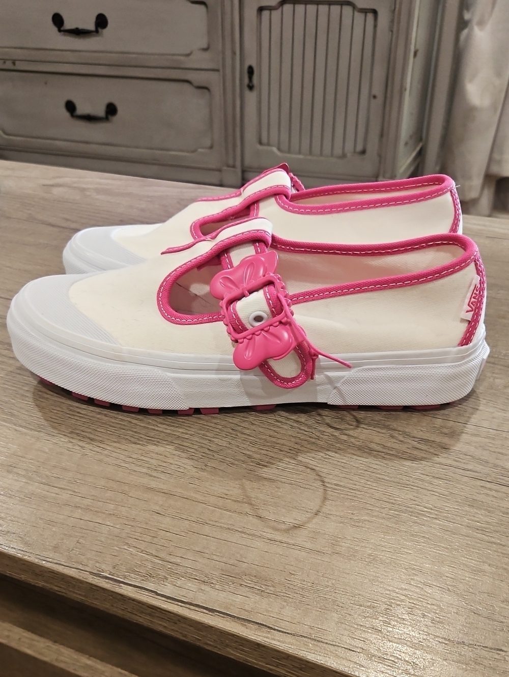 Vans Barbie Kids Pink and White Canvas Mary Jane Sneakers size 7